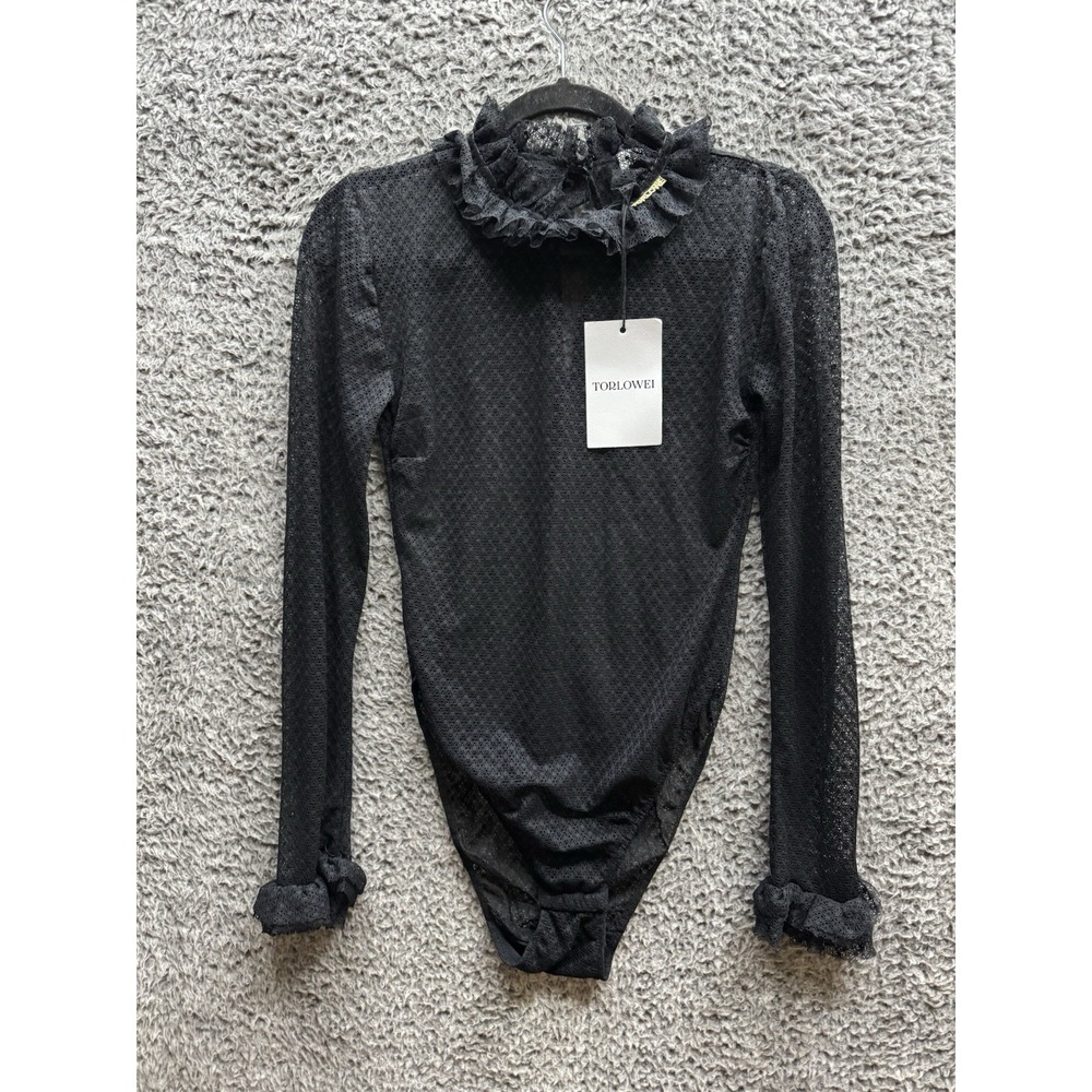 Torlowei Mesh Sheer Long Sleeve Ruffled‎ Neck Bodysuit Black Lace Size 2 NWT